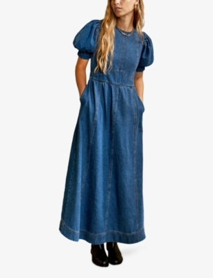 RO&ZO: Puff-Sleeved Side-Pocket Denim Midi Dress