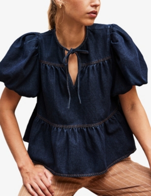 Ro&zo Womens Blue Tiered Puff-sleeve Denim Top In Blue