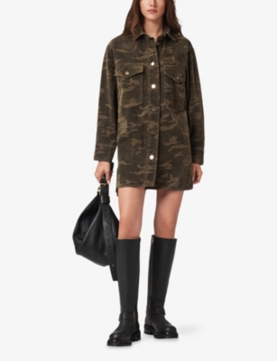 Allsaints Womens Faye Camouflage-pattern Cotton Mini Dress Camo Green In Green