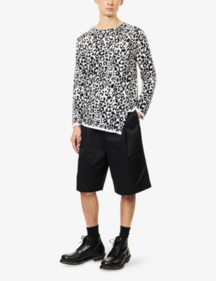 Black Comme Des Garcon Mens White/black Animal-print Asymmetric Knitted Jumper In Multi