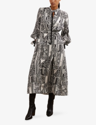 Reiss Womens Black Ivory Marie Geometric-print Woven Midi Dress In White