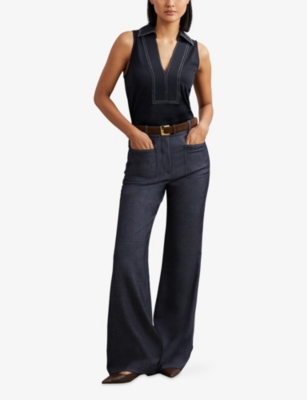 Reiss Womens Navy Ivory Maisie Collared Sleeveless Woven Top In Blue