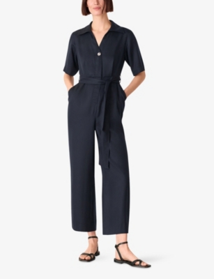 Whistles Womens Navy Button-front Wide-leg Woven Jumpsuit In Blue
