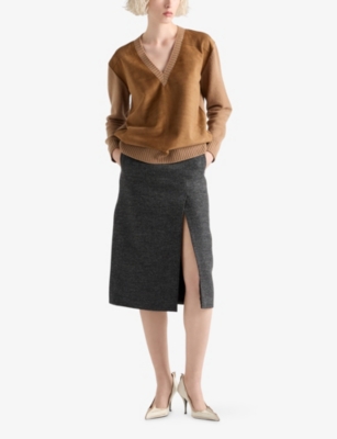 Prada Womens Grey Rush Stitch Virgin-wool Knee-length Skirt In Gray