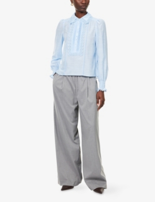 Me And Em And Em Womens Cloud Blue Embroidered Long-sleeves Cotton And Silk Blouse In Blue