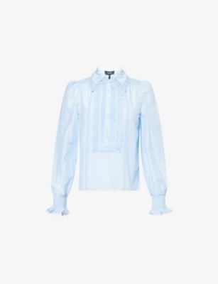 Me And Em And Em Womens Cloud Blue Embroidered Long-sleeves Cotton And Silk Blouse