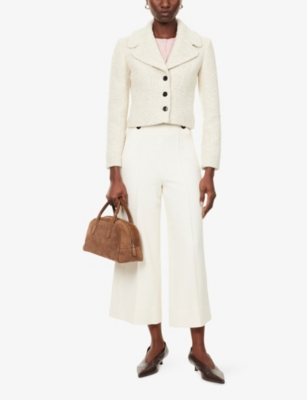 Me And Em And Em Womens Ivory The Soft Shoulder Crop Tweed Jacket In White
