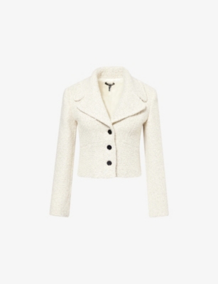 Me And Em And Em Womens Ivory The Soft Shoulder Crop Tweed Jacket In White