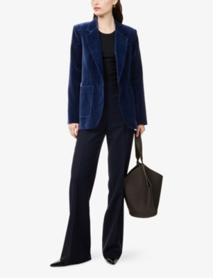 Me And Em And Em Womens Indigo Blue Velvet Sharp-shoulder Stretch-cotton Jacket In Blue