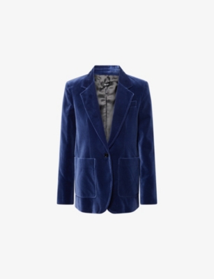 Me And Em And Em Womens Indigo Blue Velvet Sharp-shoulder Stretch-cotton Jacket In Blue
