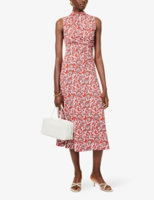 Me And Em And Em Womens Poppy Red Multi Ruched Graphic-pattern Stretch-jersey Midi Dress In Orange