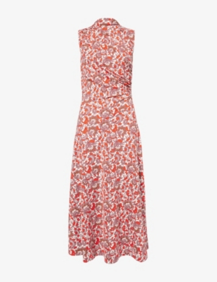 Me And Em And Em Womens Poppy Red Multi Ruched Graphic-pattern Stretch-jersey Midi Dress In Orange