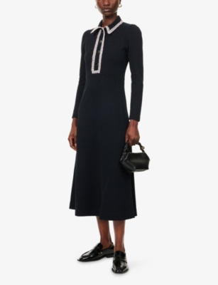 Me And Em And Em Womens Navy Crochet Flared Stretch-woven Midi Dress In Blue