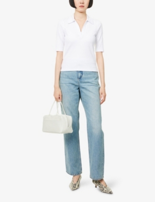 Me And Em And Em Womens Bright White Polo-collar Short-sleeve Stretch-cotton Top In White