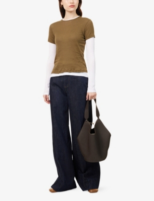 Me And Em And Em Womens Olive/soft White Layered Long-sleeves Cotton-jersey Top In Brown