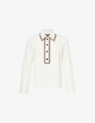 Me And Em And Em Womens Cream Crochet-trim Textured Woven Shirt In White