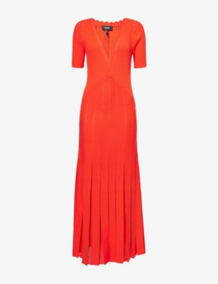 Me And Em And Em Womens Poppy Red Pleated Short-sleeves Knitted Maxi Dress In Red