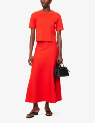 Me And Em And Em Womens Poppy Red Milano Flared Wool And Cotton Maxi Skirt In Red