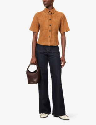 Me And Em And Em Womens Cigaro Brown Panelled Short-sleeve Suede Shirt