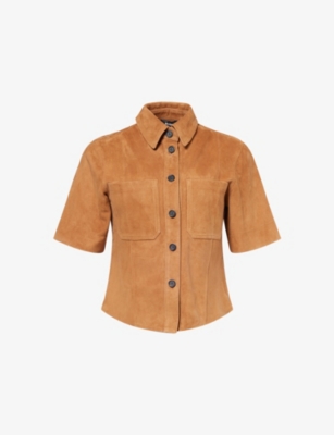 Me And Em And Em Womens Cigaro Brown Panelled Short-sleeve Suede Shirt