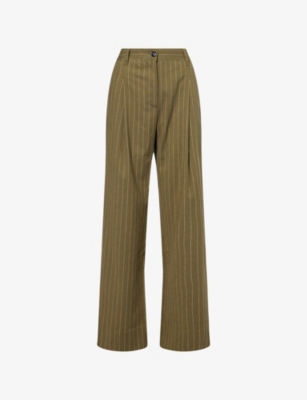Me And Em And Em Womens Olive Striped Tapered-leg Stretch-woven Trousers In Green