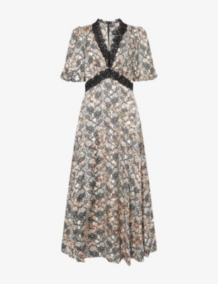 Me And Em And Em Womens Light Cream/multi V-neck Lace-trim Woven Midi Dress In Gray