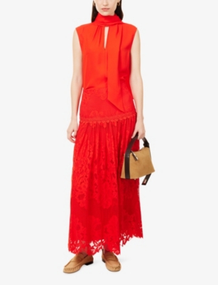 Me And Em And Em Womens Poppy Red Graphic Floral Lace Cotton-blend Maxi Skirt In Red