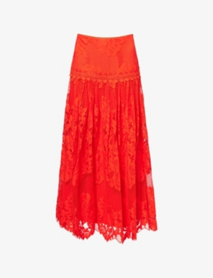 Me And Em And Em Womens Poppy Red Graphic Floral Lace Cotton-blend Maxi Skirt In Red