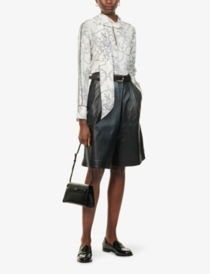 Me And Em And Em Womens Light Cream/black Bouquet-print Tie Silk Blouse In Neutral