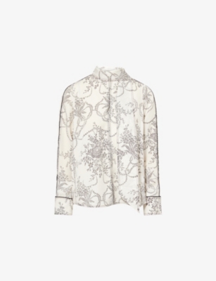 Me And Em And Em Womens Light Cream/black Bouquet-print Tie Silk Blouse In Neutral