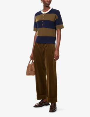 Me And Em And Em Womens Navy/olive Henley Striped Wool And Cashmere T-shirt