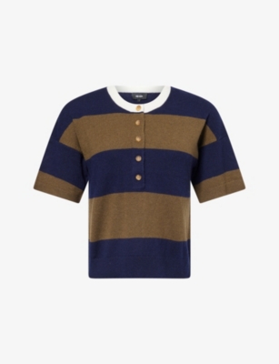 Me And Em And Em Womens Navy/olive Henley Striped Wool And Cashmere T-shirt