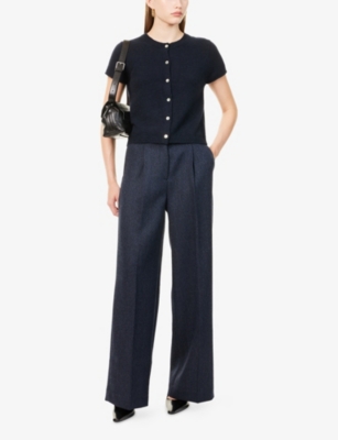 Me And Em And Em Womens Formal Navy Button-through Short-sleeves Stretch-wool Blend Top In Blue
