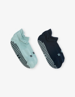 Sweaty Betty Womens Vapourblue Navyblue Reformer Ankle-gripper Stretch Cotton-blend Socks Pack Of Two In Green