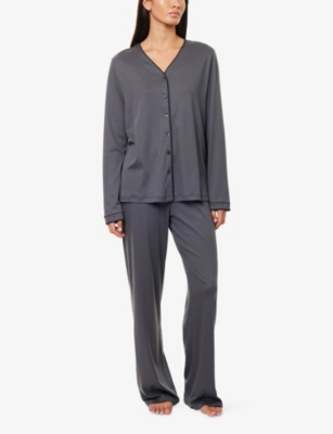 Hanro Womens Una Stitched-trims Cotton-jersey Pyjama Set Black Pearl Xs In Gray