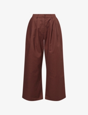 The Couture Club Womens Chocolate Wide-leg Pleat Cotton-linen Trousers In Brown