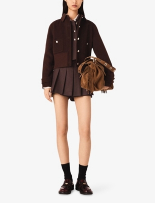 Maje Womens Dark Brown Short Removable-collar Wool-blend Coat In Brown