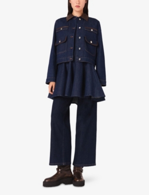 Maje Womens Navy Contrast-collar Patch-pocket Denim Jacket In Blue
