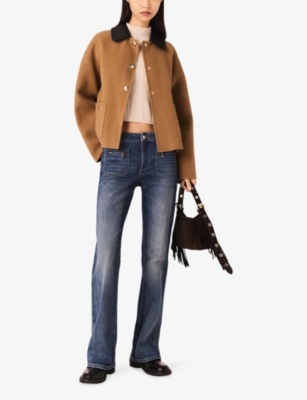 Maje Womens Camel Contrast-collar Double-faced Wool-blend Coat In Brown