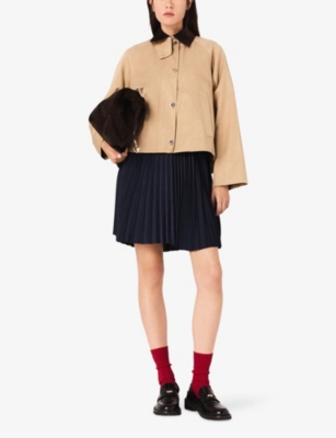 Maje Womens Camel Contrast-collar Trapeze Cotton-blend Jacket In Brown