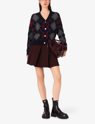 Maje Womens Navy Cropped Argyle-pattern Wool Cardigan In Blue