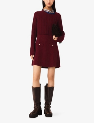 Maje Womens Burgundy Removable Jumper Ribbed Wool-blend Knitted Dress In Burgundy