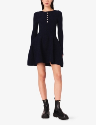 Maje Womens Navy Round-neck Flared-skirt Stretch-knit Mini Dress In Blue