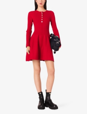 Maje Womens Round-neck Flared-skirt Stretch-knit Mini Dress In Red