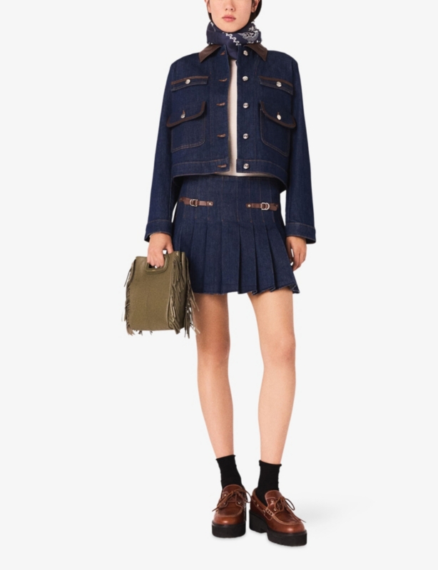 Contrast-Trim Pleated Stretch-Denim Mini Skirt