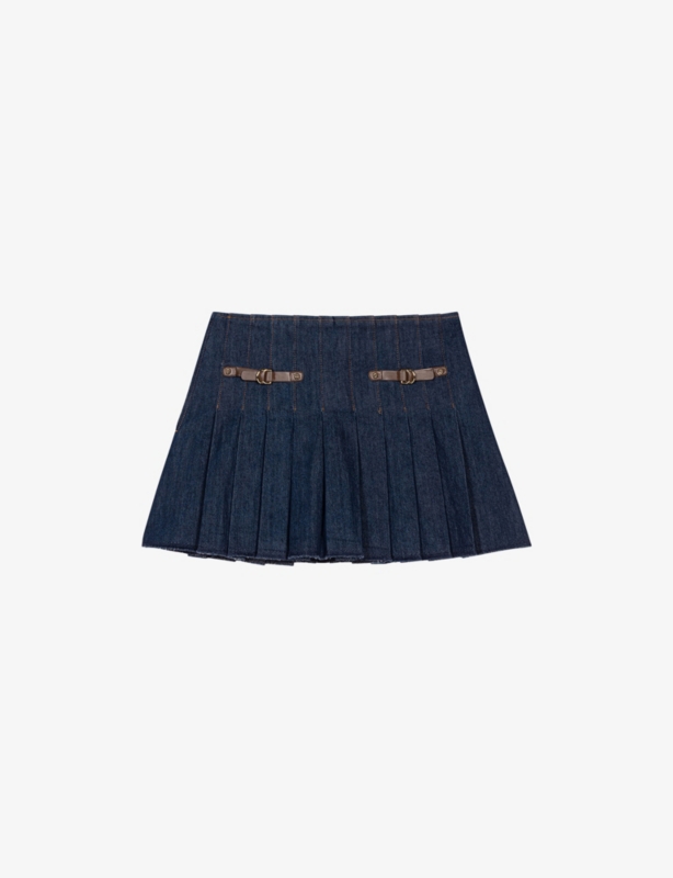 Contrast-Trim Pleated Stretch-Denim Mini Skirt