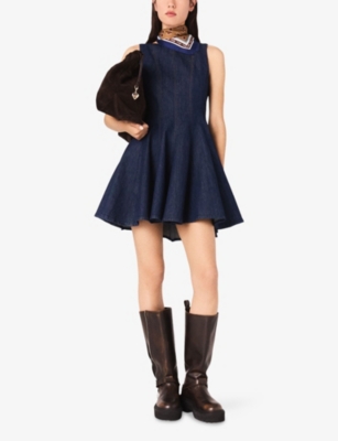 Maje Womens Navy Round-neck Flared-skirt Stretch-denim Mini Dress In Blue