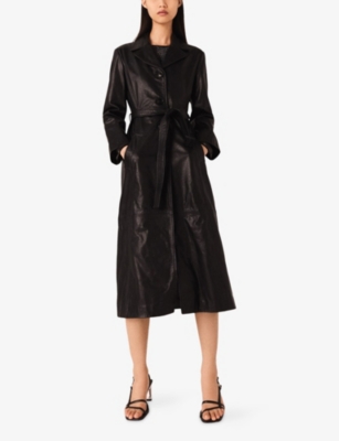 Maje Womens Long Belted-waist Leather Trench Coat Black In Black