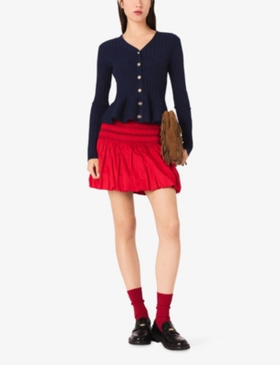 Maje Womens Navy V-neck Peplum-waist Stretch-knit Cardigan In Blue