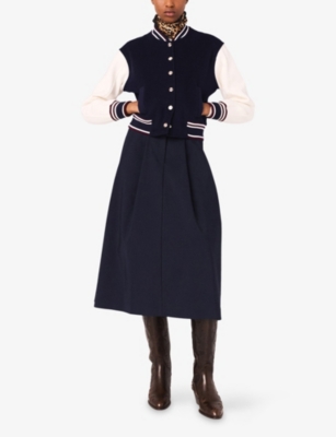 Maje Womens Navy Ribbed-collar Two-tone Wool Bomber Jacket In Blue